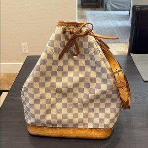 Louis Luitton Damier Azure Noe Checkered Bucket Bag with Tan Leather